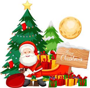 Santa Claus with Christmas Tree and Gifts Free PNG