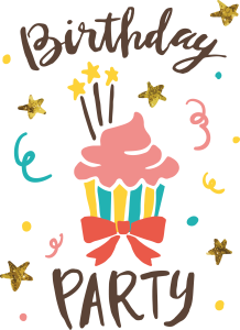 Birthday Party Text with Cupcake Illustration PNG