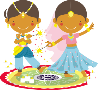 Cute Kids Celebrating Diwali With Sparklers And Rangoli PNG