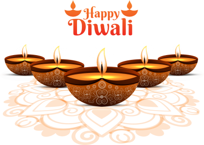 Happy Diwali Typography with Five Diyas PNG