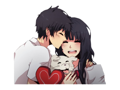 Sweet Anime Couple Hugging with Pet Cat PNG Image