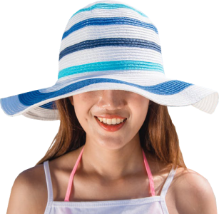 Woman Smiling in Blue Striped Sun Hat Free PNG