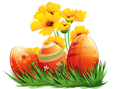 Easter Eggs In Grass With Yellow Flowers Free PNG