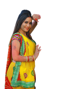 Indian Woman Celebrating Holi In Yellow Sari Free PNG