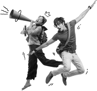 Two Happy Students Jumping With Megaphone Clipart