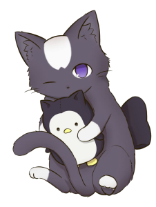 Cute Anime Black Cat Hugging Penguin Plush Free Download PNG